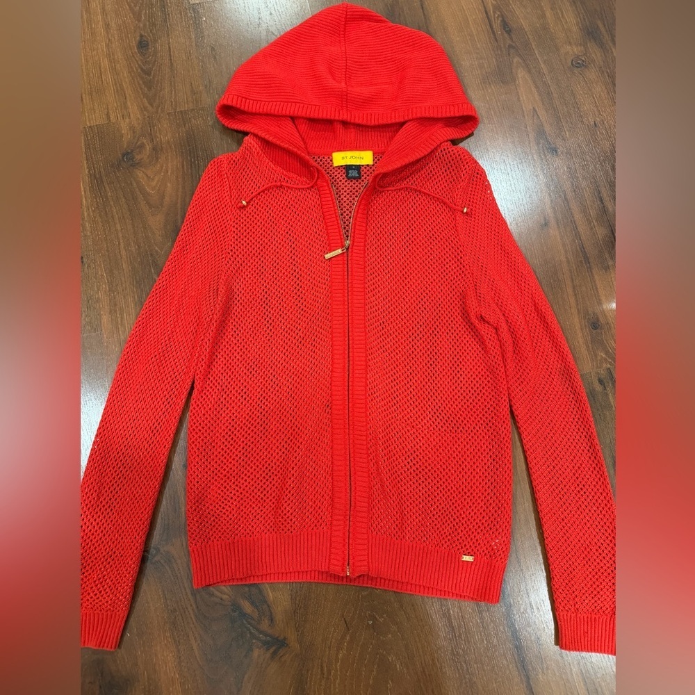 St. John Sport knit women's gorgeous full zip wool hoodie Sz M bright red color